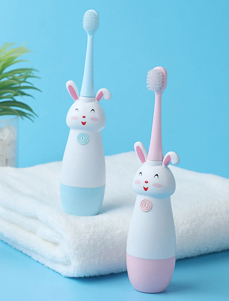 Children Electric Toothbrush Rotating Cute Bunny Cartoon Pattern Kids with Soft Replacement Heads Portable Non-Slip Toothbrush