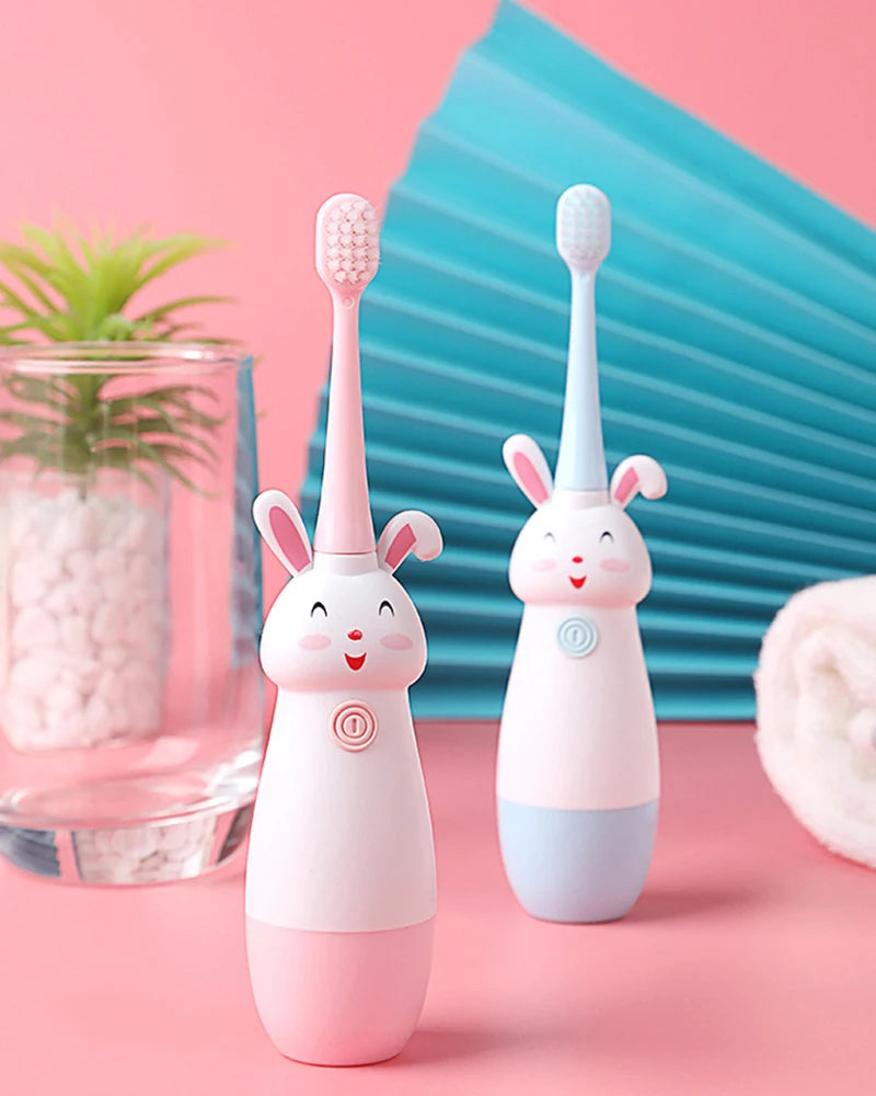 Children Electric Toothbrush Rotating Cute Bunny Cartoon Pattern Kids with Soft Replacement Heads Portable Non-Slip Toothbrush