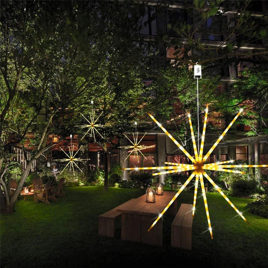 Outdoor Waterproof Starburst Christmas String Lights Battery Operated 112LED Hanging Firework Fairy Garden Lights Garland Decor