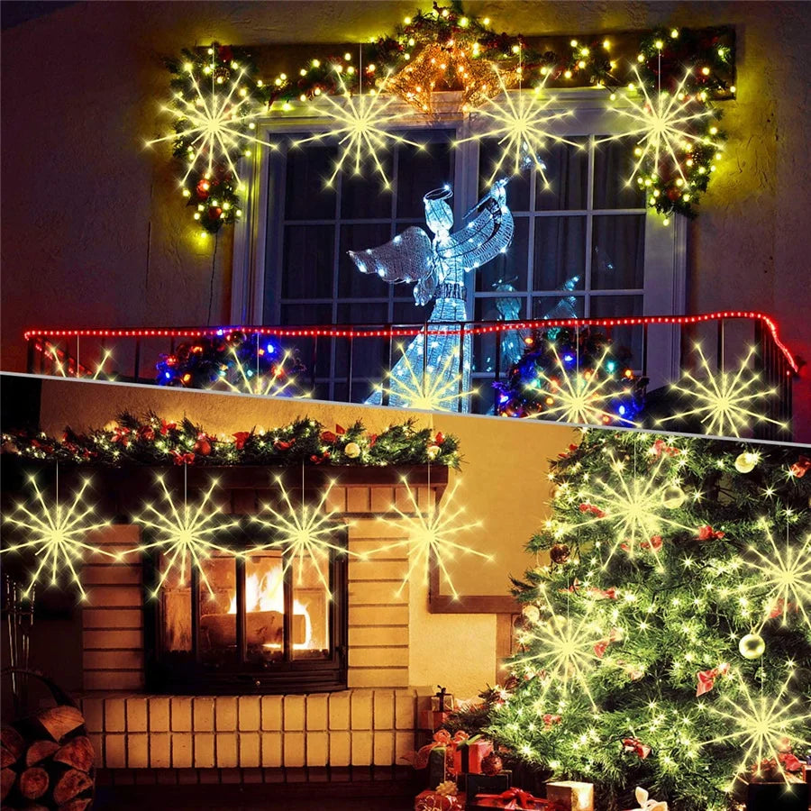 Outdoor Waterproof Starburst Christmas String Lights Battery Operated 112LED Hanging Firework Fairy Garden Lights Garland Decor