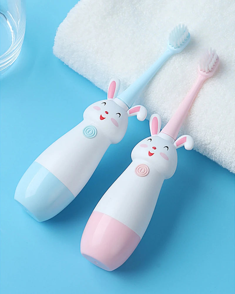 Children Electric Toothbrush Rotating Cute Bunny Cartoon Pattern Kids with Soft Replacement Heads Portable Non-Slip Toothbrush