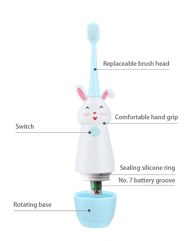 Children Electric Toothbrush Rotating Cute Bunny Cartoon Pattern Kids with Soft Replacement Heads Portable Non-Slip Toothbrush