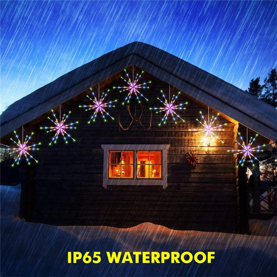 Outdoor Waterproof Starburst Christmas String Lights Battery Operated 112LED Hanging Firework Fairy Garden Lights Garland Decor