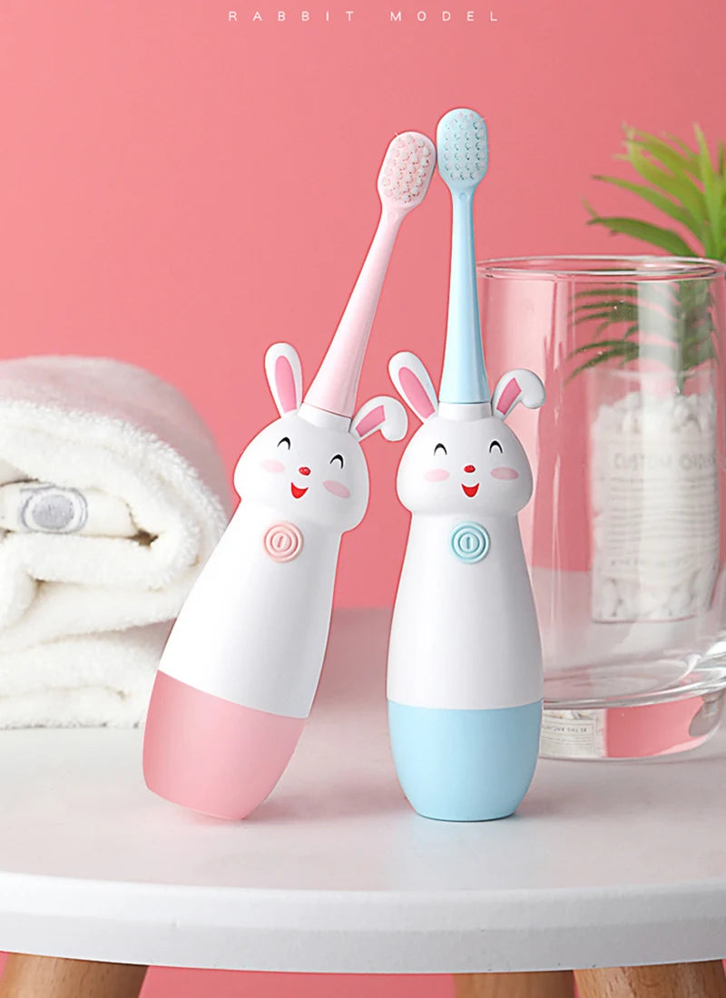 Children Electric Toothbrush Rotating Cute Bunny Cartoon Pattern Kids with Soft Replacement Heads Portable Non-Slip Toothbrush