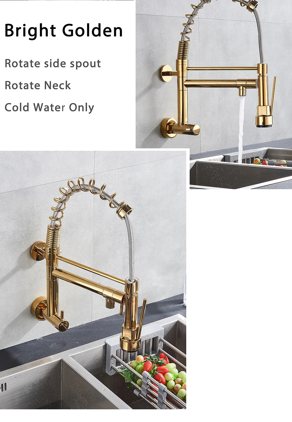 Golden Spring Kitchen Faucet Swivel Side Sprayer Dual Spout Kitchen Tap Kitchen Sink Cold Water Faucet 360 Rotation