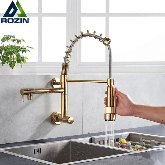 Golden Spring Kitchen Faucet Swivel Side Sprayer Dual Spout Kitchen Tap Kitchen Sink Cold Water Faucet 360 Rotation