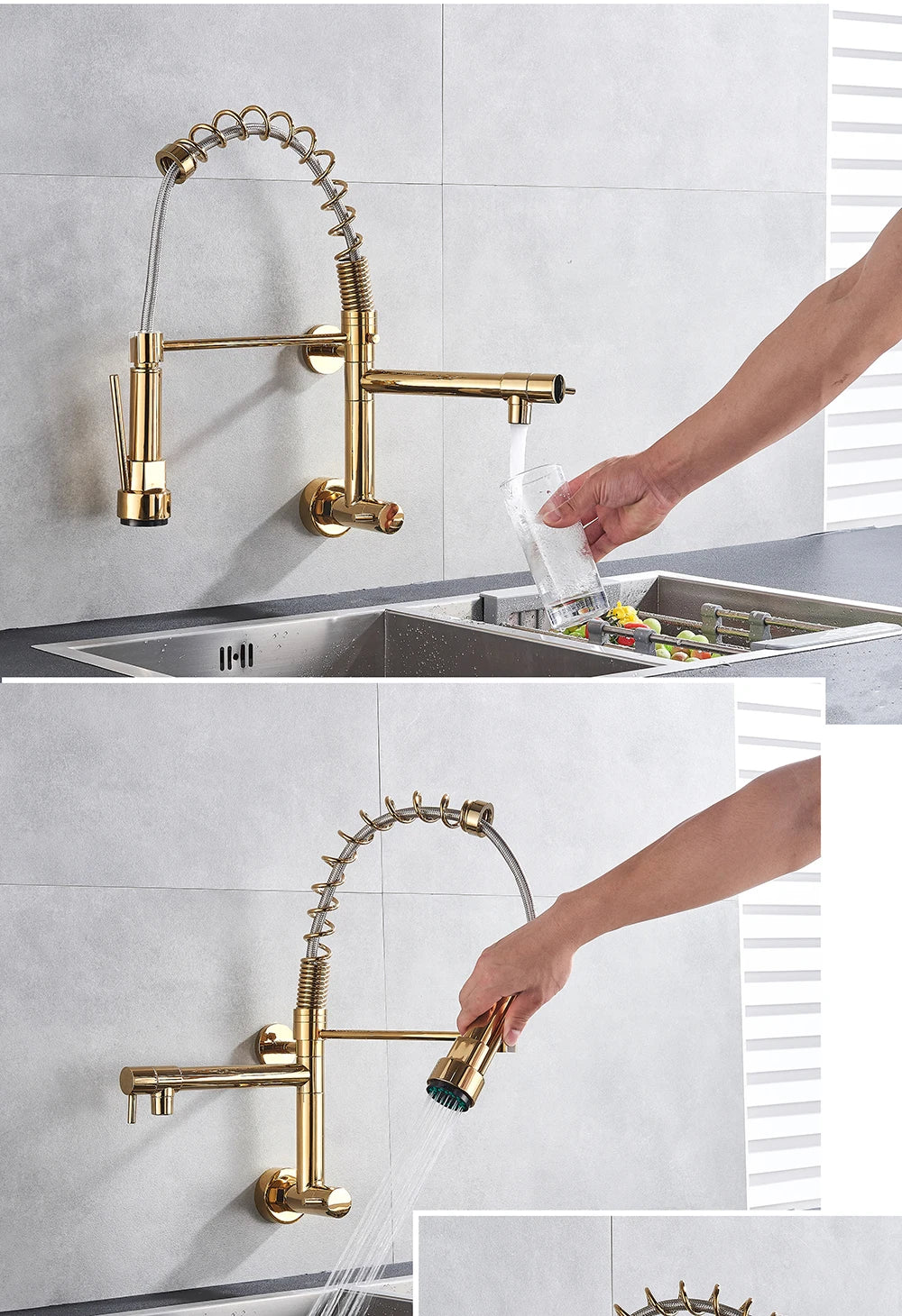 Golden Spring Kitchen Faucet Swivel Side Sprayer Dual Spout Kitchen Tap Kitchen Sink Cold Water Faucet 360 Rotation