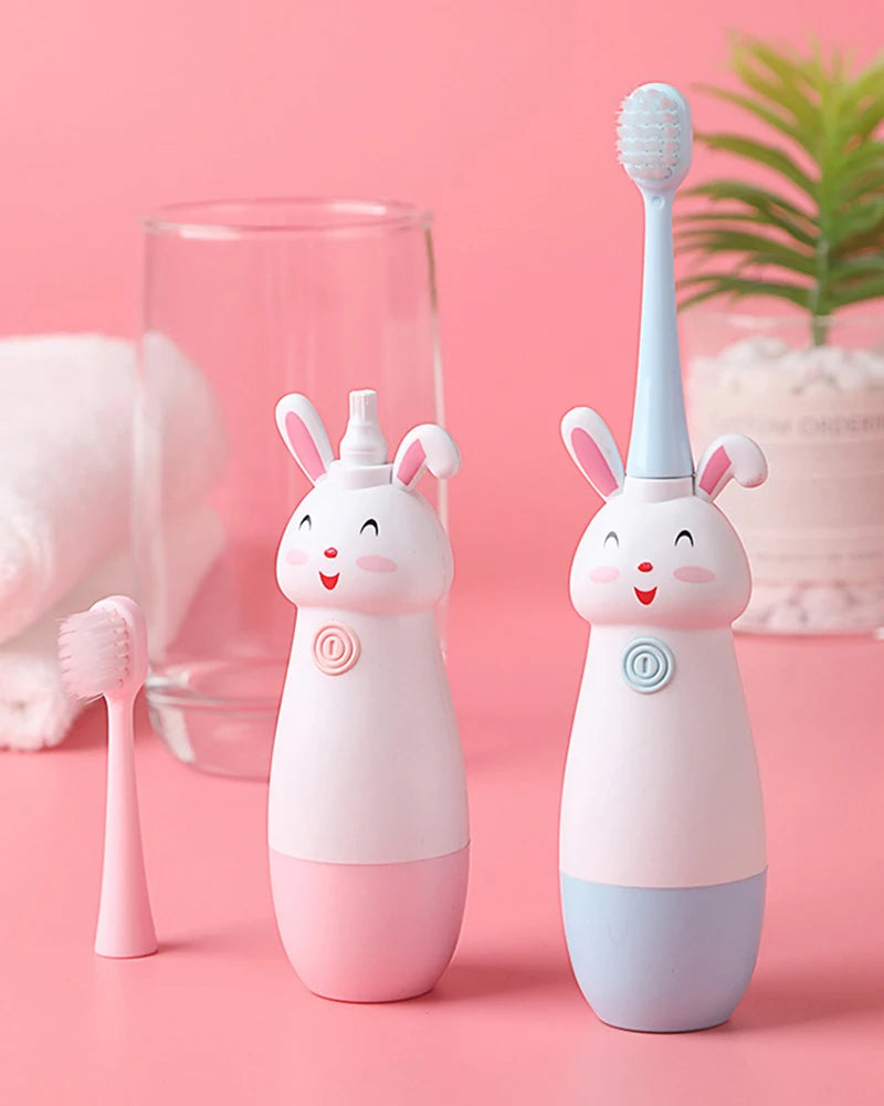 Children Electric Toothbrush Rotating Cute Bunny Cartoon Pattern Kids with Soft Replacement Heads Portable Non-Slip Toothbrush