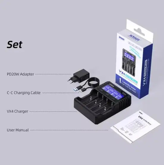 XTAR VX4 18650 battery charger Rechargeable AAA/AA Li-ion /Ni-MH /LiFePO4 Battery 20W fast charging with Led LCD display