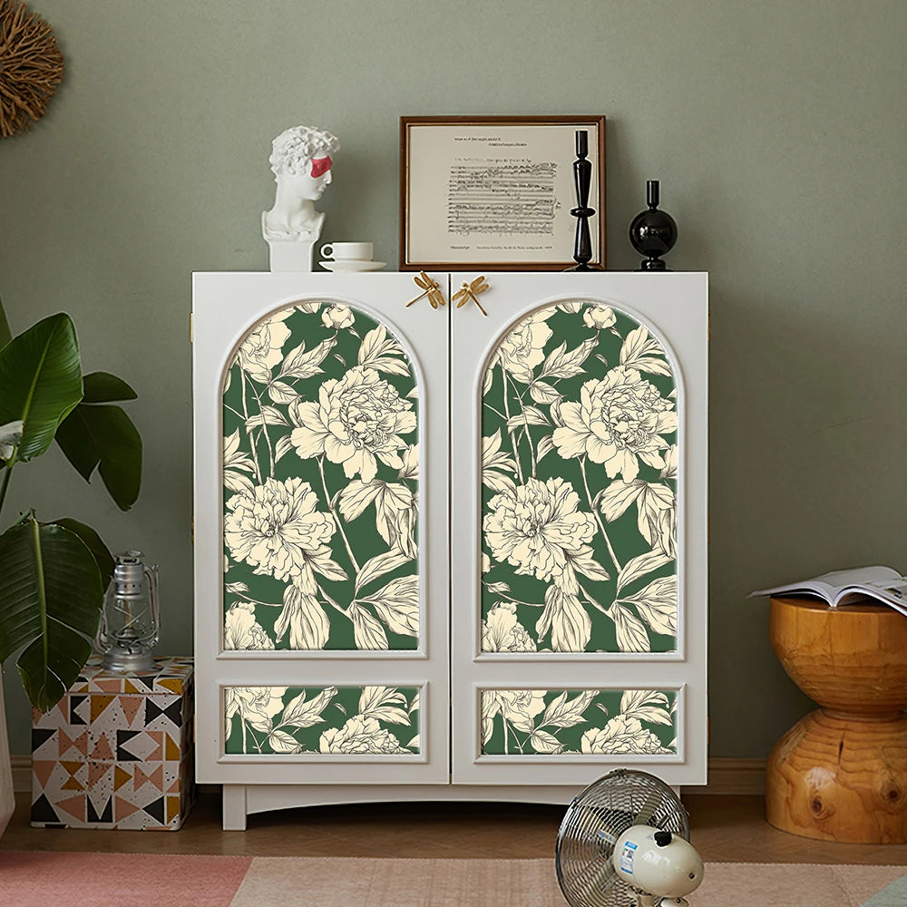 Green Line Floral PVC Waterproof Cabinet Sticker Retro Peel And Stick TV Background Wallpaper Classic Self-adhesive Room Decor