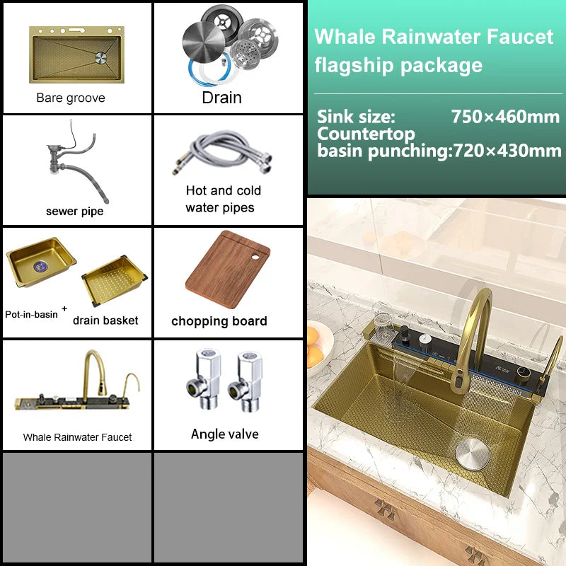 Waterfall Stainless Steel Kitchen Sink With Knife Holder Honeycomb Embossed  Large Single Slot Farmhouse Washing Basin