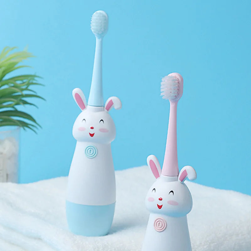 Children Electric Toothbrush Rotating Cute Bunny Cartoon Pattern Kids with Soft Replacement Heads Portable Non-Slip Toothbrush