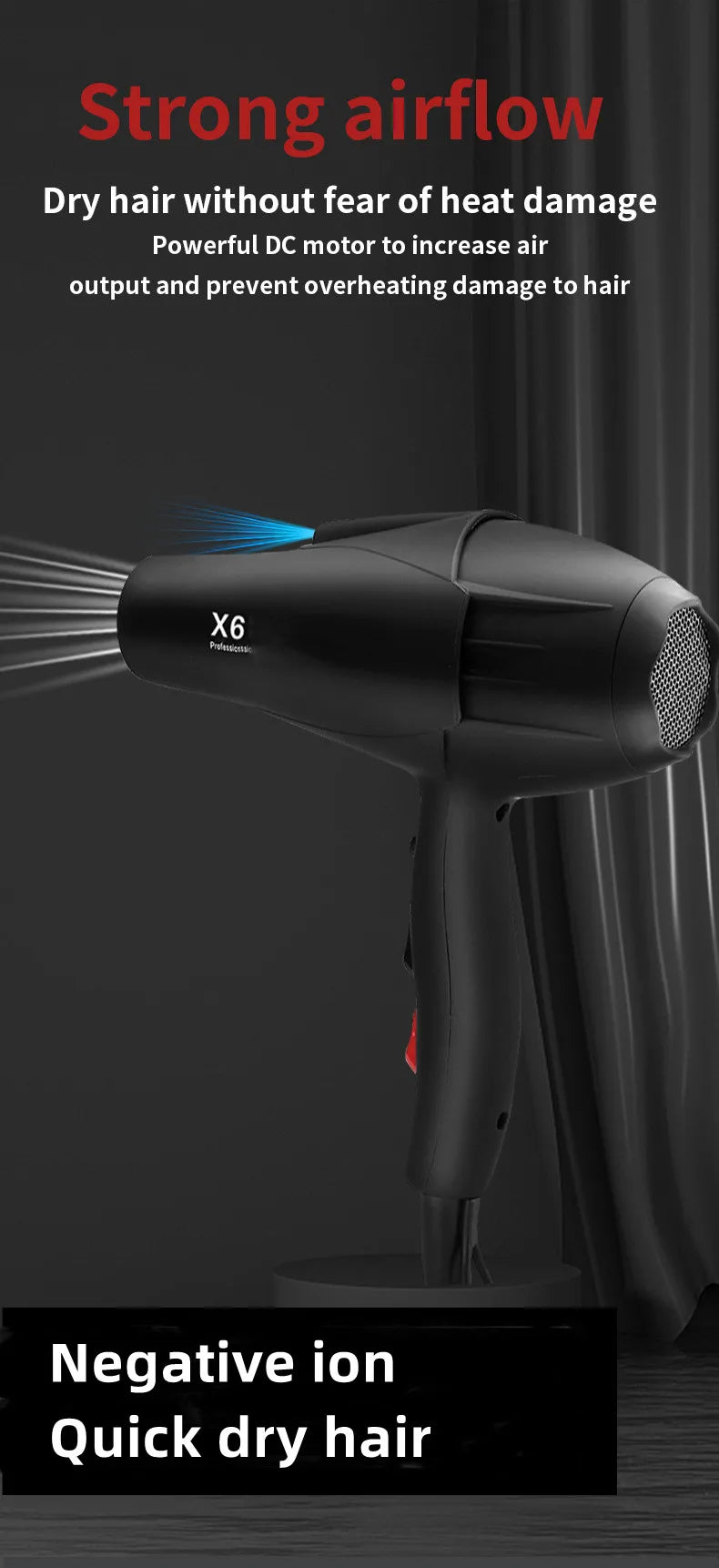 X5/X6 New High Power Wind Hair Dryer 2400W High Power Negative Ion Quick Drying Home Hair Gallery Styling Professional Hair Drye