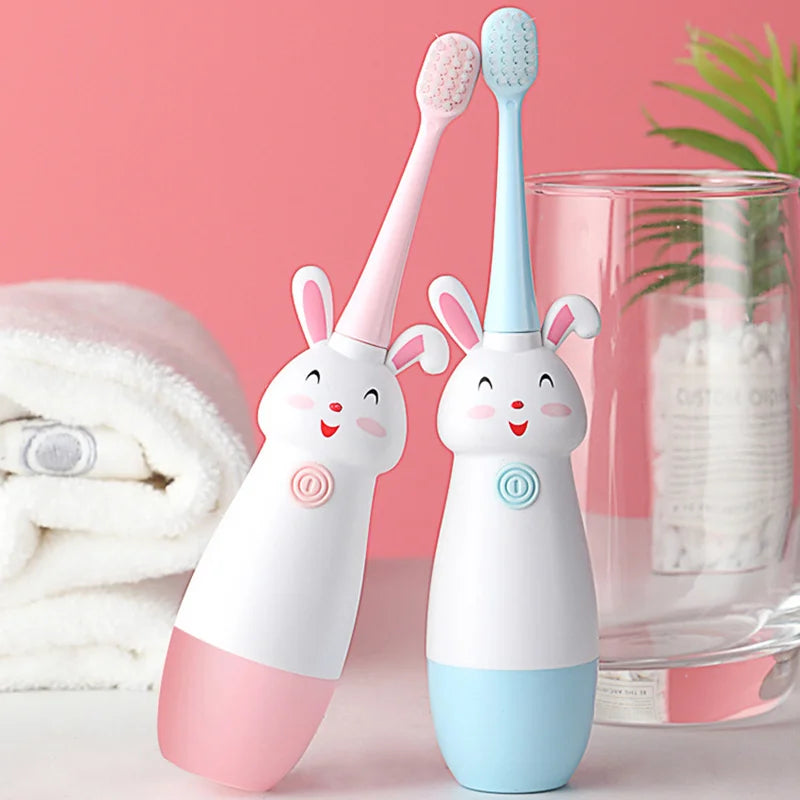 Children Electric Toothbrush Rotating Cute Bunny Cartoon Pattern Kids with Soft Replacement Heads Portable Non-Slip Toothbrush