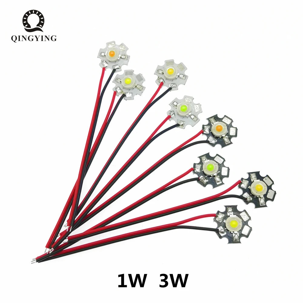 5pcs 1W 3W High Power LED Diodes Pre-soldering 10cm Wire With 20mm Star PCB White Warm Deep Red Green Royal Blue Yellow UV Color