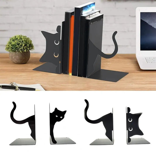 1 Pair Metal Bookends Whimsical Cat Design Decorative Bookends Rounded Edges Book Holders Office Library Decoration