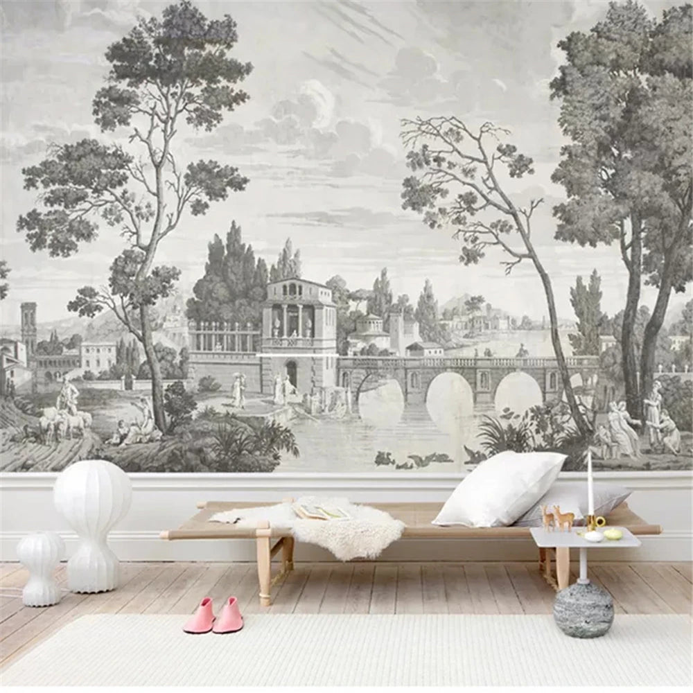 Custom European retro mural wallpaper nostalgic medieval pastoral bridge living room bedroom background wallpaper hotel homestay