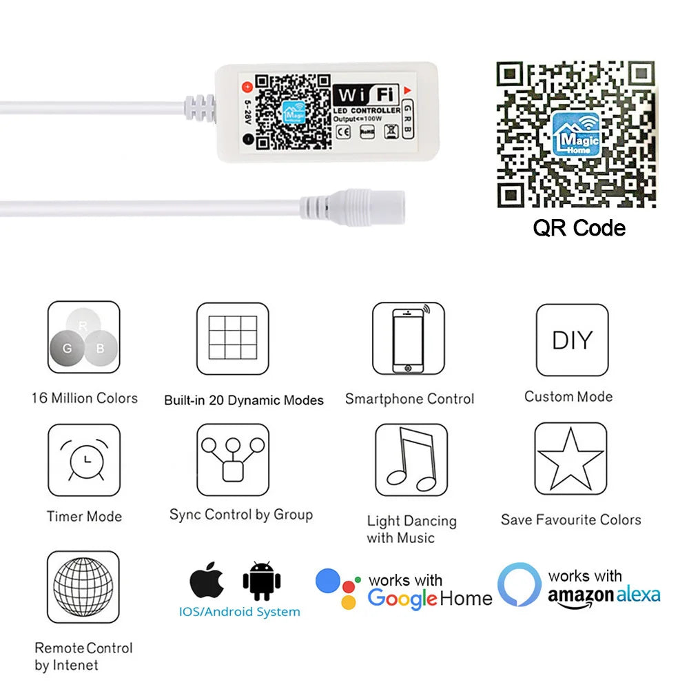 RGB WiFi LED Strip Light Bluetooth IR Controller DC 5V 12V 24V For Panel Timing Function Android IOS APP Google Magic Home