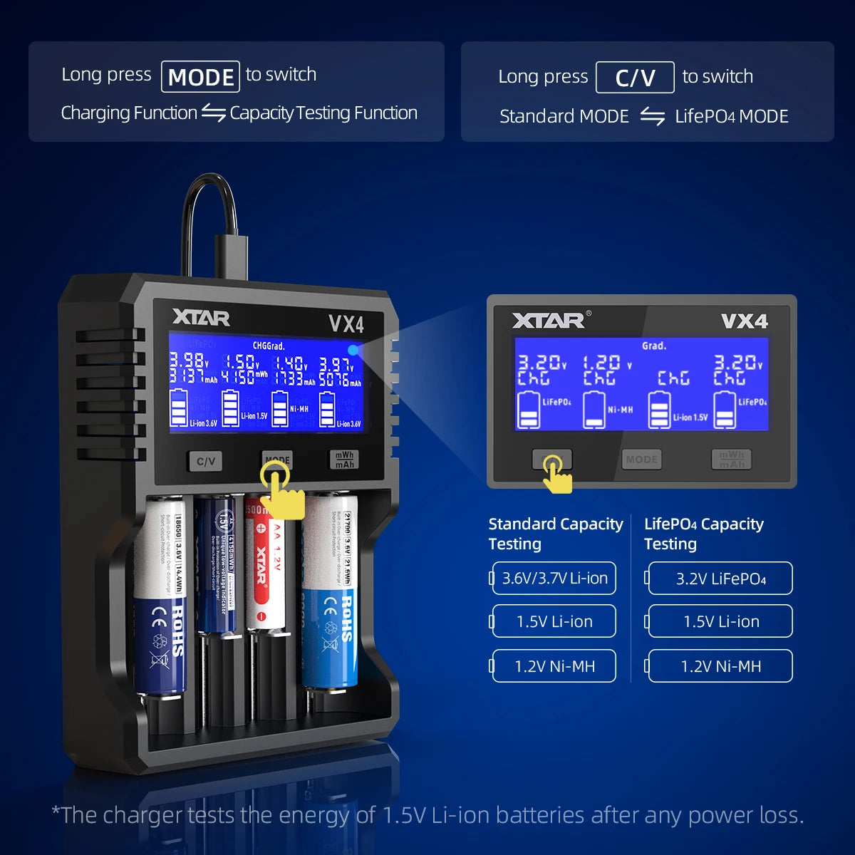 XTAR VX4 18650 battery charger Rechargeable AAA/AA Li-ion /Ni-MH /LiFePO4 Battery 20W fast charging with Led LCD display