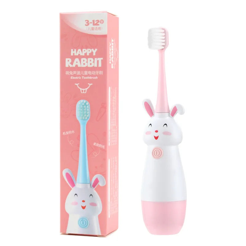 Children Electric Toothbrush Rotating Cute Bunny Cartoon Pattern Kids with Soft Replacement Heads Portable Non-Slip Toothbrush