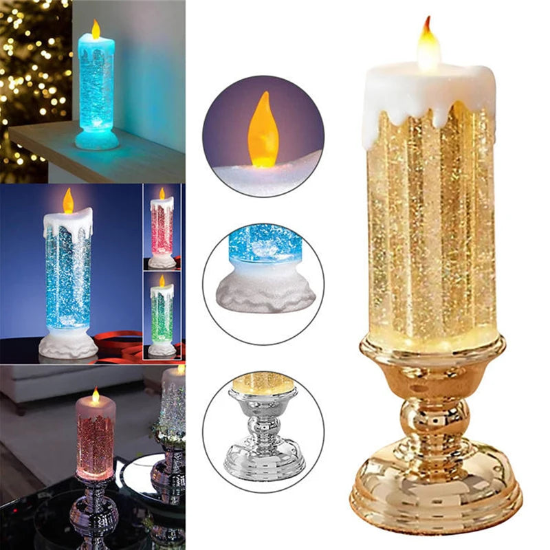 LED Christmas Candle LED Flameless Candle Light Swirling Glitter Colorful Fantasy Crystal Night Lights Xmas Party Home Decor