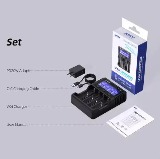 XTAR VX4 18650 battery charger Rechargeable AAA/AA Li-ion /Ni-MH /LiFePO4 Battery 20W fast charging with Led LCD display