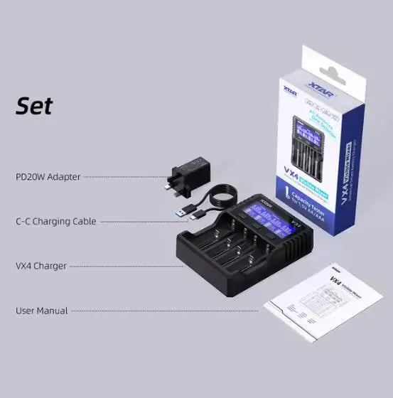 XTAR VX4 18650 battery charger Rechargeable AAA/AA Li-ion /Ni-MH /LiFePO4 Battery 20W fast charging with Led LCD display