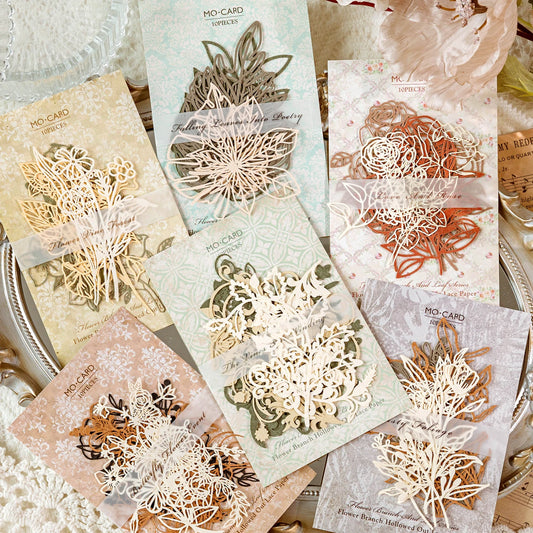 10 pcs Diy Scrapbooking paper Plants flowers Lace Decoration paper Hollow Card Collage material cards DIY hand made craft paper