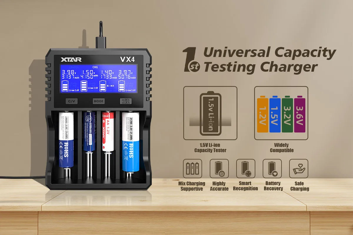 XTAR VX4 18650 battery charger Rechargeable AAA/AA Li-ion /Ni-MH /LiFePO4 Battery 20W fast charging with Led LCD display