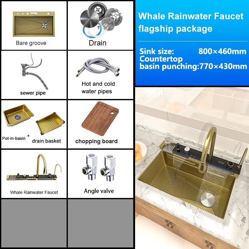 Waterfall Stainless Steel Kitchen Sink With Knife Holder Honeycomb Embossed  Large Single Slot Farmhouse Washing Basin