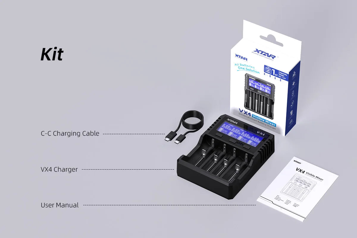 XTAR VX4 18650 battery charger Rechargeable AAA/AA Li-ion /Ni-MH /LiFePO4 Battery 20W fast charging with Led LCD display