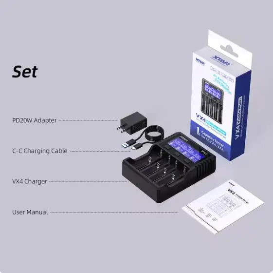 XTAR VX4 18650 battery charger Rechargeable AAA/AA Li-ion /Ni-MH /LiFePO4 Battery 20W fast charging with Led LCD display