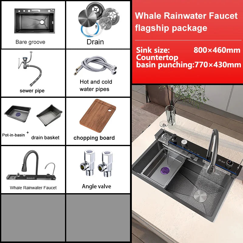 Waterfall Stainless Steel Kitchen Sink With Knife Holder Honeycomb Embossed  Large Single Slot Farmhouse Washing Basin