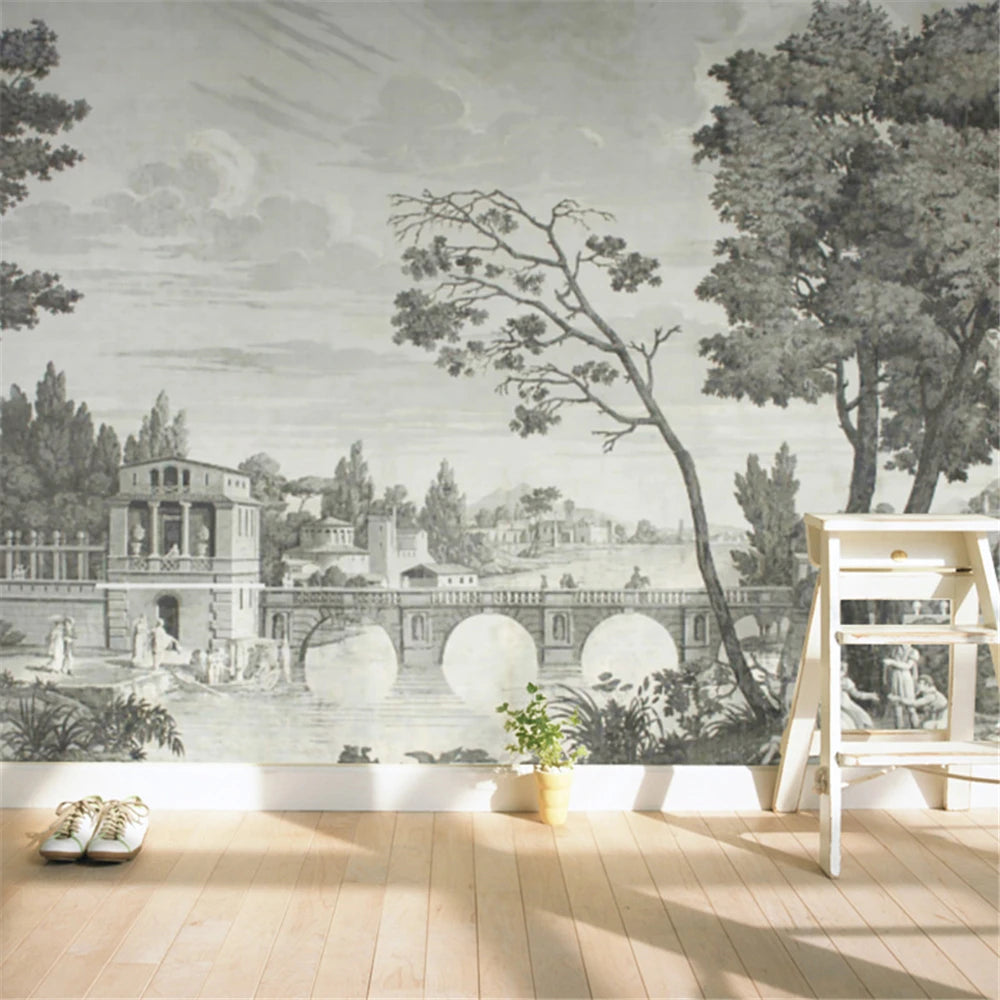 Custom European retro mural wallpaper nostalgic medieval pastoral bridge living room bedroom background wallpaper hotel homestay