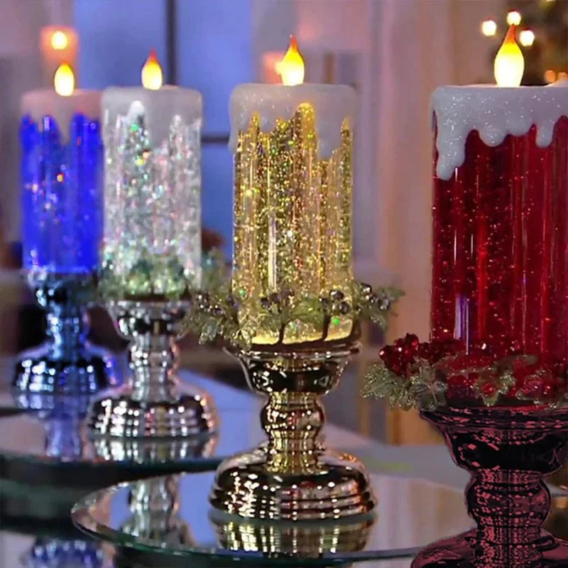 LED Christmas Candle LED Flameless Candle Light Swirling Glitter Colorful Fantasy Crystal Night Lights Xmas Party Home Decor