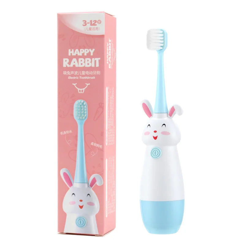 Children Electric Toothbrush Rotating Cute Bunny Cartoon Pattern Kids with Soft Replacement Heads Portable Non-Slip Toothbrush