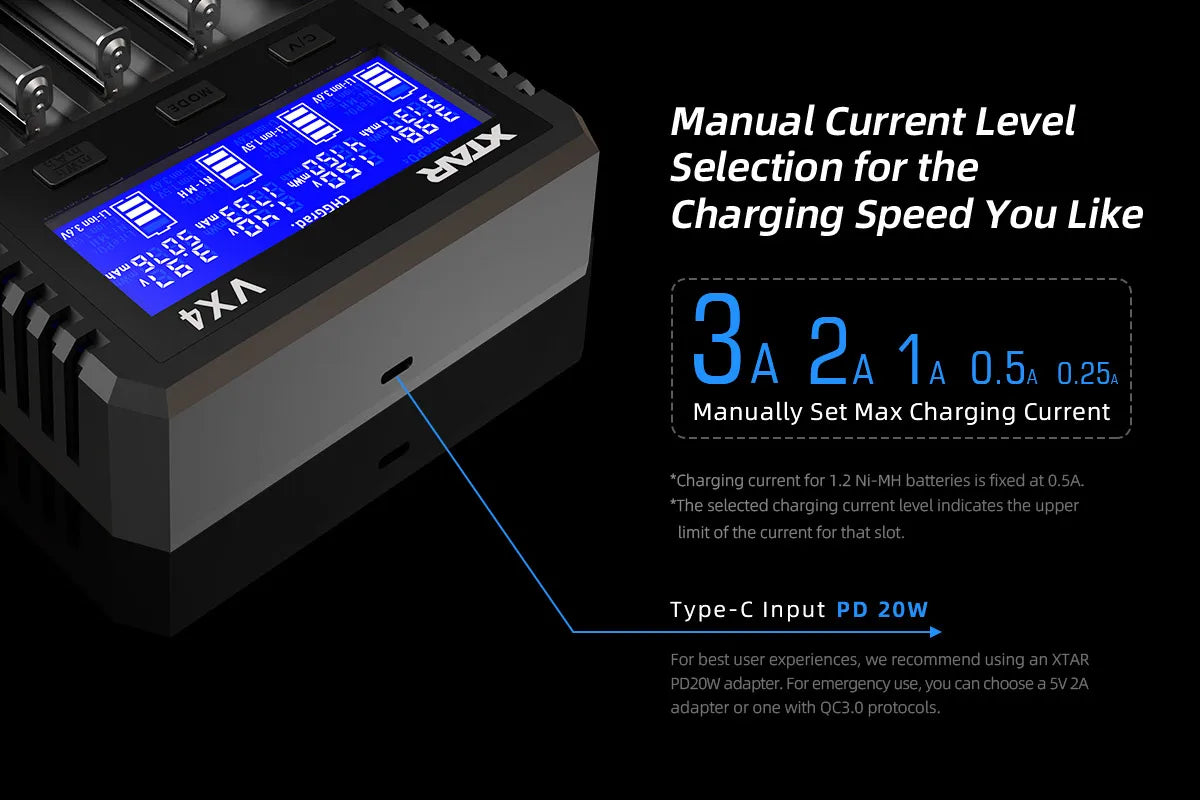 XTAR VX4 18650 battery charger Rechargeable AAA/AA Li-ion /Ni-MH /LiFePO4 Battery 20W fast charging with Led LCD display