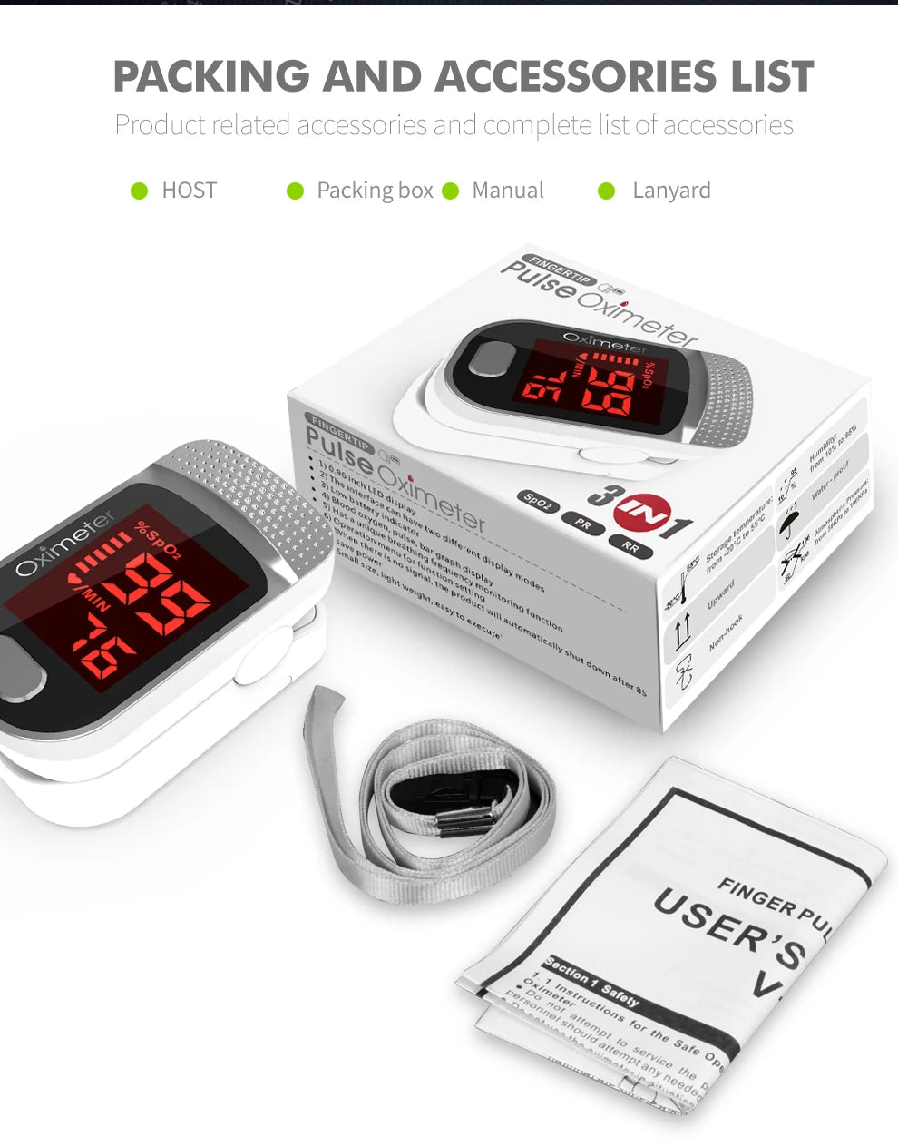 KIUZOU Finger Pulse Oximeter Blood Oxygen Saturation Meter Heart Rate Monitor LED Oximetro with Respiration rate