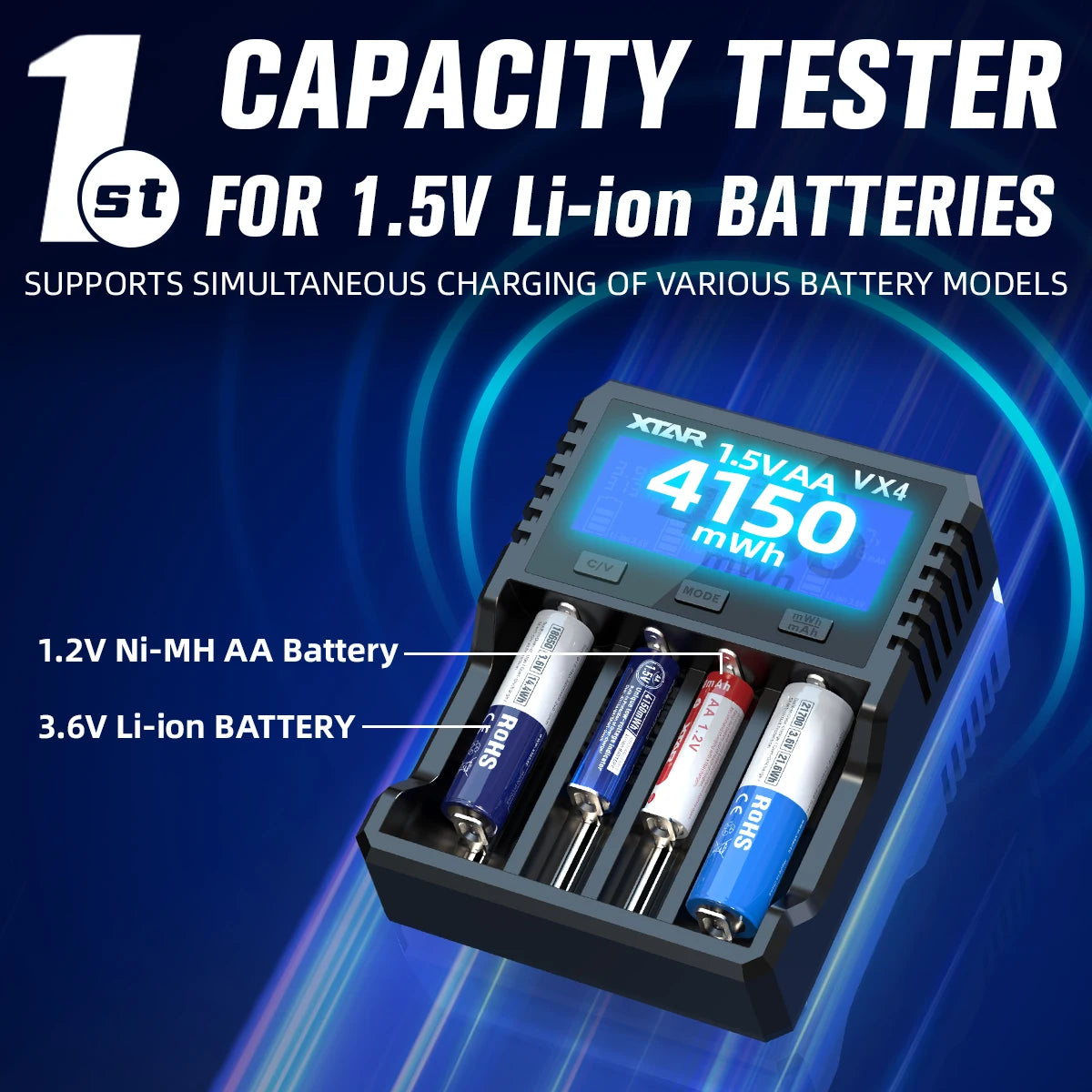 XTAR VX4 18650 battery charger Rechargeable AAA/AA Li-ion /Ni-MH /LiFePO4 Battery 20W fast charging with Led LCD display