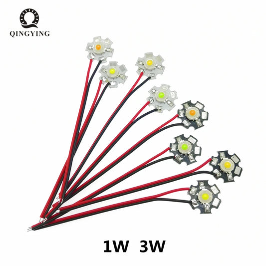 5pcs 1W 3W High Power LED Diodes Pre-soldering 10cm Wire With 20mm Star PCB White Warm Deep Red Green Royal Blue Yellow UV Color