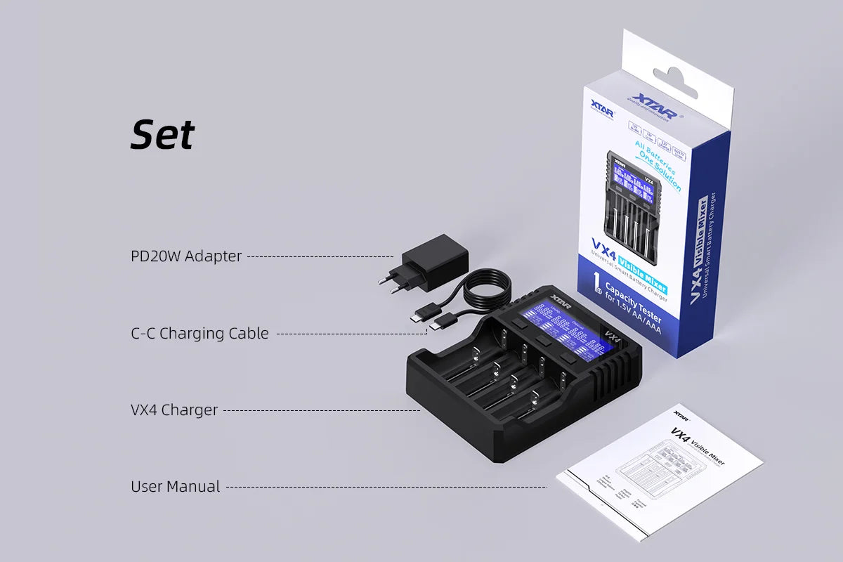 XTAR VX4 18650 battery charger Rechargeable AAA/AA Li-ion /Ni-MH /LiFePO4 Battery 20W fast charging with Led LCD display